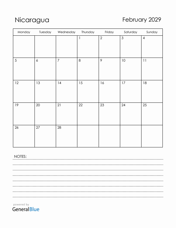 February 2029 Nicaragua Calendar with Holidays (Monday Start)