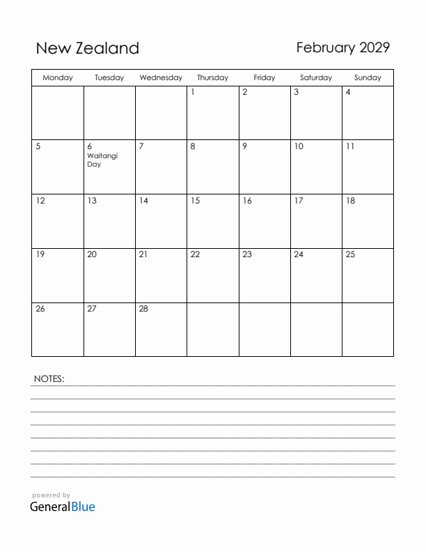 February 2029 New Zealand Calendar with Holidays (Monday Start)