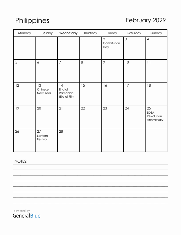 February 2029 Philippines Calendar with Holidays (Monday Start)
