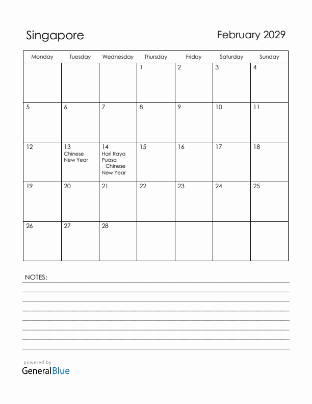 February 2029 Singapore Calendar with Holidays (Monday Start)