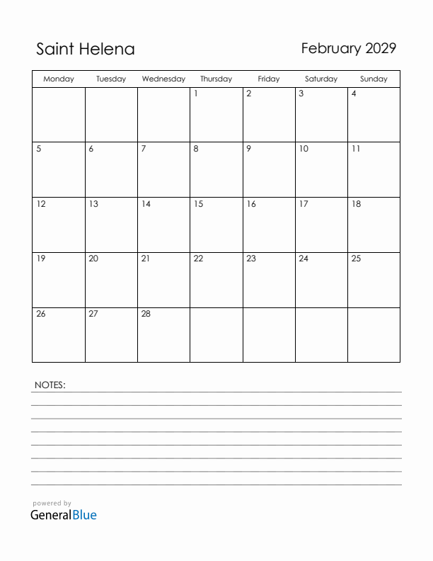 February 2029 Saint Helena Calendar with Holidays (Monday Start)