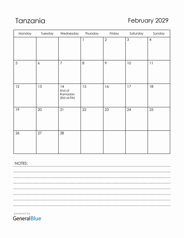 February 2029 Tanzania Calendar with Holidays (Monday Start)