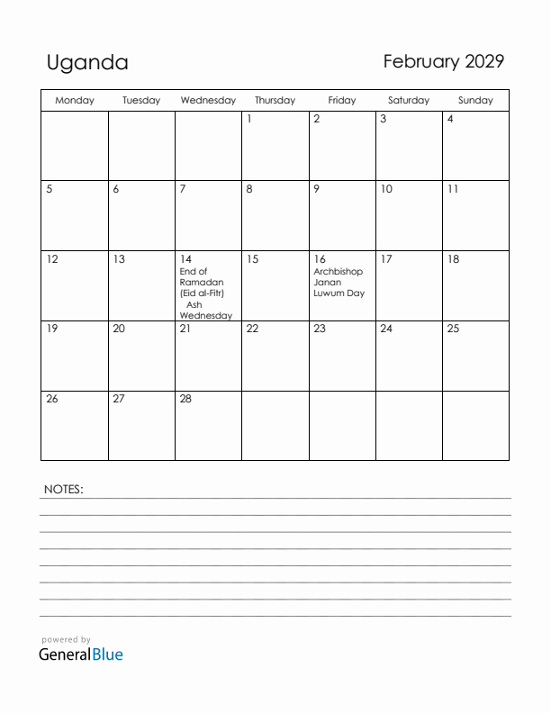 February 2029 Uganda Calendar with Holidays (Monday Start)