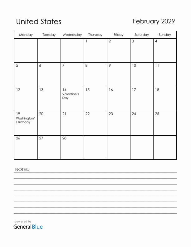 February 2029 United States Calendar with Holidays (Monday Start)