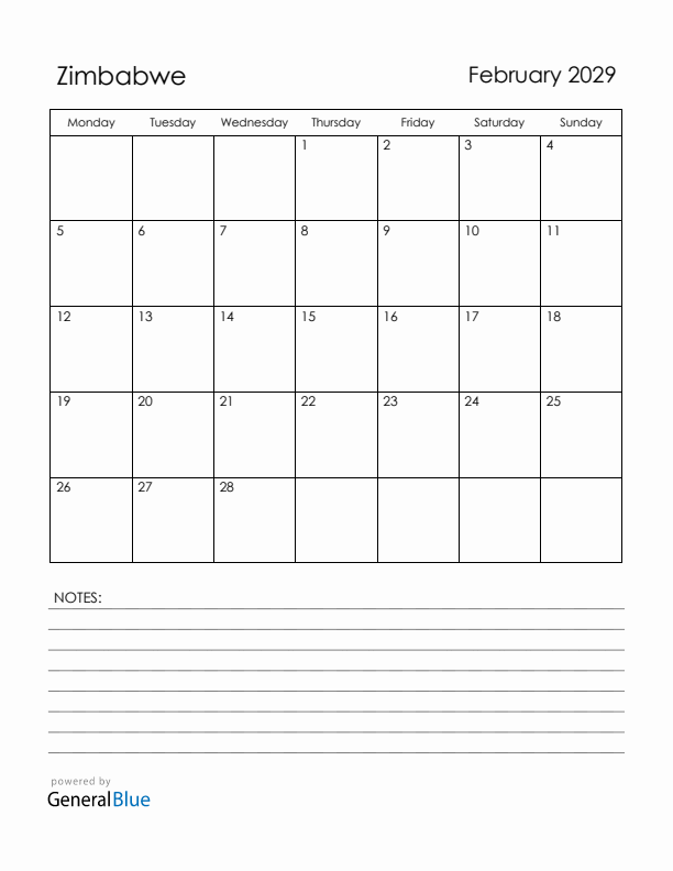 February 2029 Zimbabwe Calendar with Holidays (Monday Start)