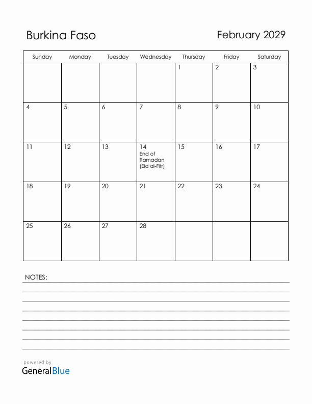 February 2029 Burkina Faso Calendar with Holidays (Sunday Start)