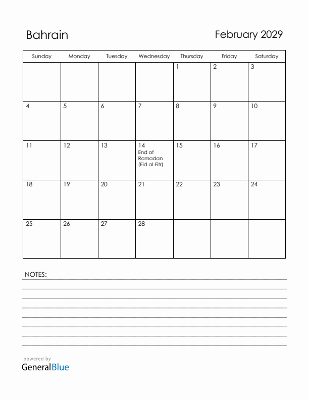 February 2029 Bahrain Calendar with Holidays (Sunday Start)