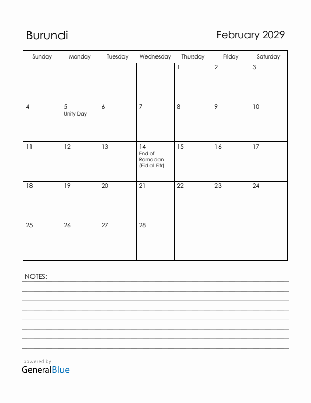 February 2029 Burundi Calendar with Holidays (Sunday Start)