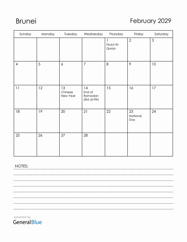 February 2029 Brunei Calendar with Holidays (Sunday Start)