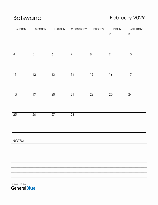 February 2029 Botswana Calendar with Holidays (Sunday Start)