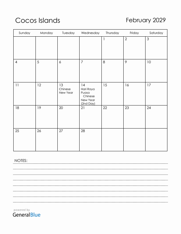 February 2029 Cocos Islands Calendar with Holidays (Sunday Start)