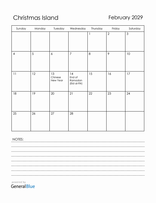 February 2029 Christmas Island Calendar with Holidays (Sunday Start)