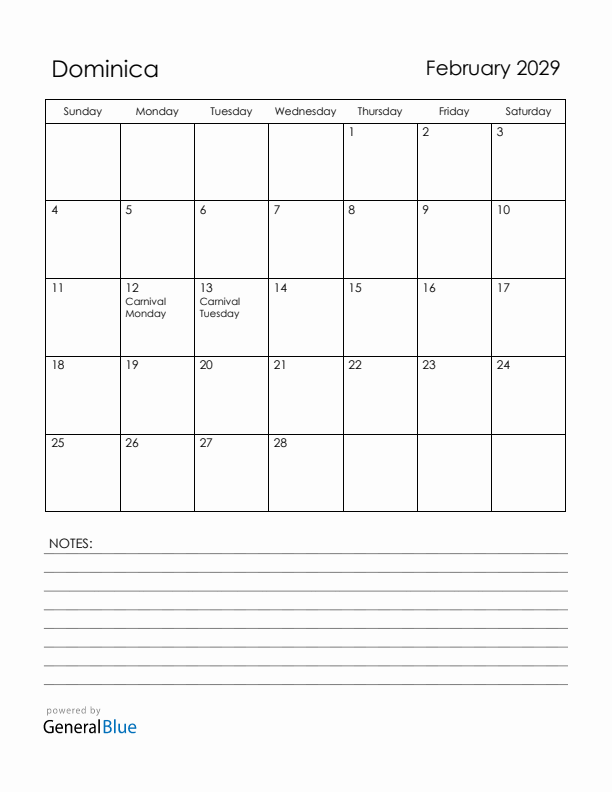 February 2029 Dominica Calendar with Holidays (Sunday Start)