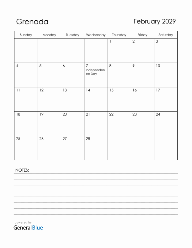 February 2029 Grenada Calendar with Holidays (Sunday Start)