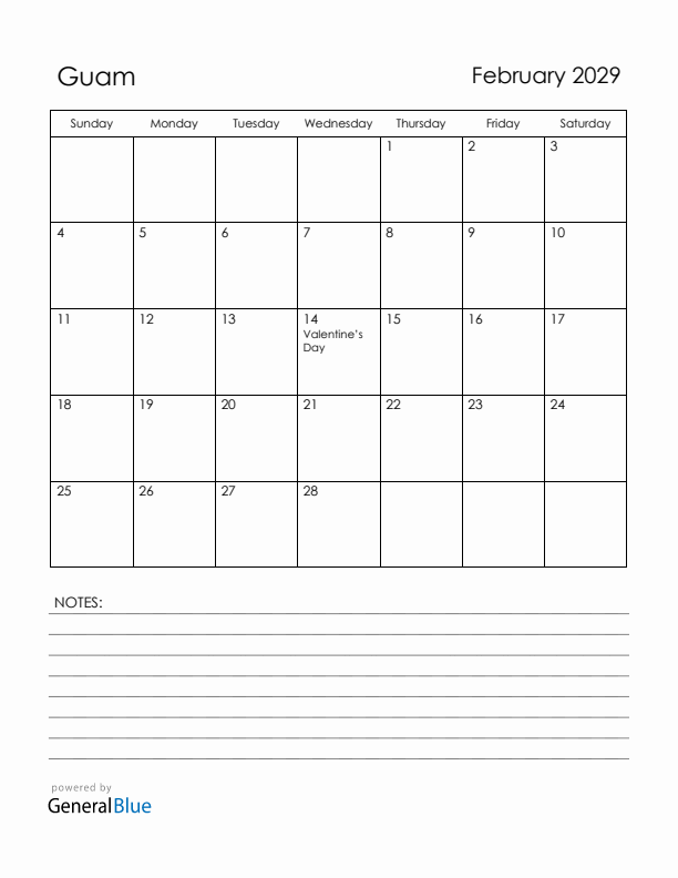 February 2029 Guam Calendar with Holidays (Sunday Start)