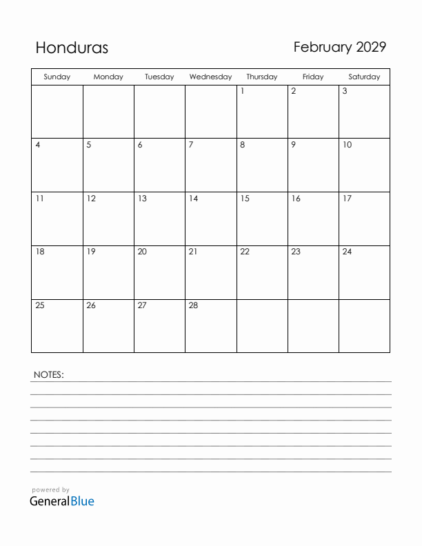 February 2029 Honduras Calendar with Holidays (Sunday Start)