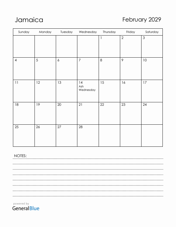 February 2029 Jamaica Calendar with Holidays (Sunday Start)