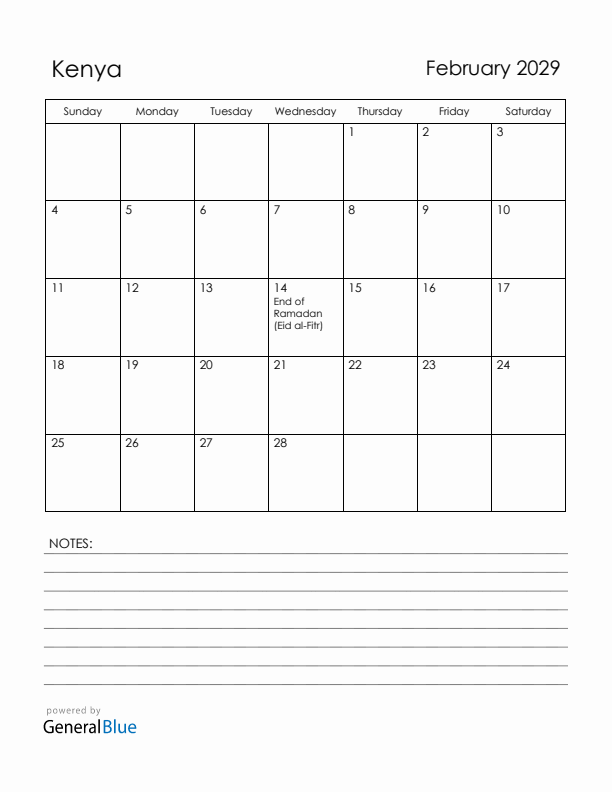 February 2029 Kenya Calendar with Holidays (Sunday Start)