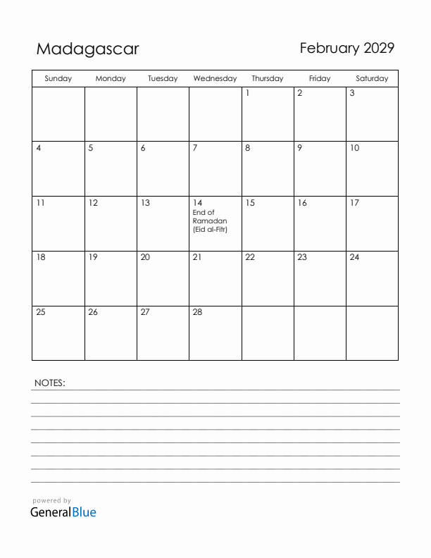 February 2029 Madagascar Calendar with Holidays (Sunday Start)