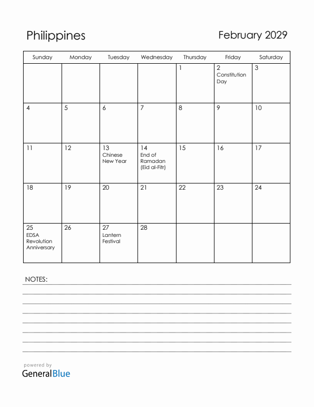 February 2029 Philippines Calendar with Holidays (Sunday Start)