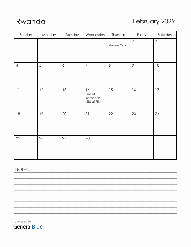 February 2029 Rwanda Calendar with Holidays (Sunday Start)