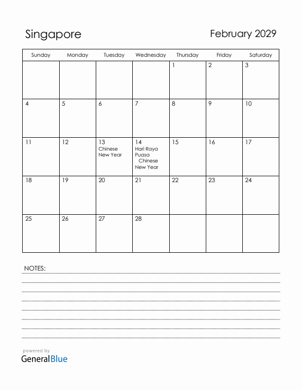 February 2029 Singapore Calendar with Holidays (Sunday Start)