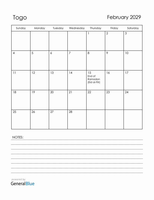 February 2029 Togo Calendar with Holidays (Sunday Start)