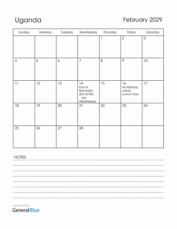 February 2029 Uganda Calendar with Holidays (Sunday Start)