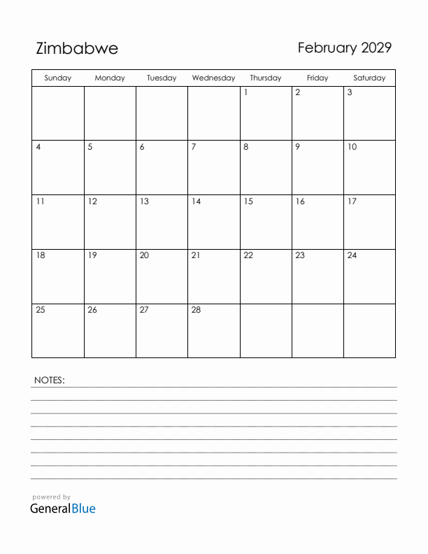 February 2029 Zimbabwe Calendar with Holidays (Sunday Start)