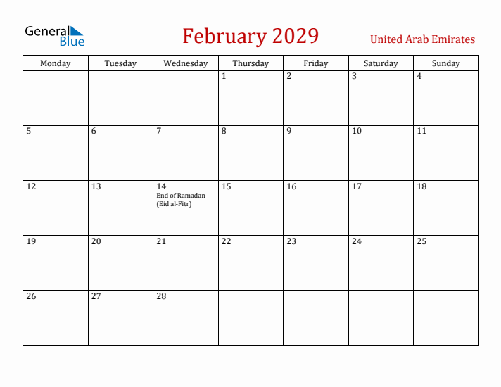 United Arab Emirates February 2029 Calendar - Monday Start