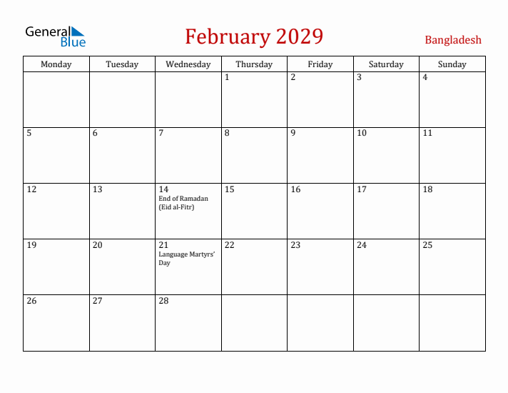 Bangladesh February 2029 Calendar - Monday Start