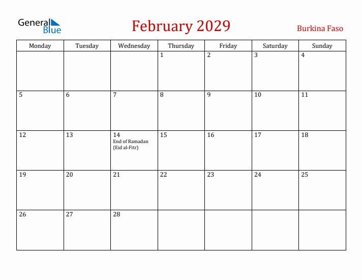 Burkina Faso February 2029 Calendar - Monday Start