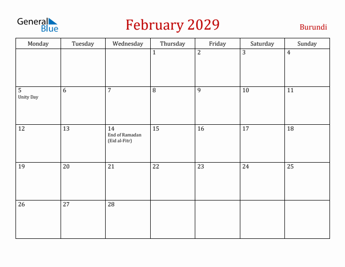 Burundi February 2029 Calendar - Monday Start