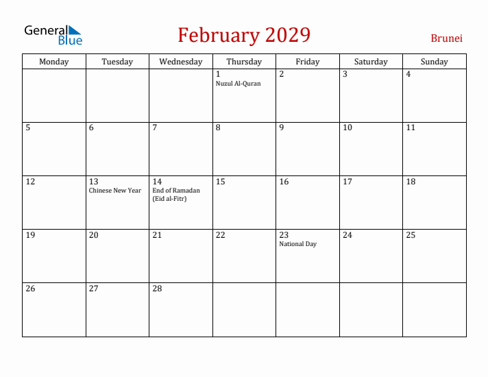 Brunei February 2029 Calendar - Monday Start