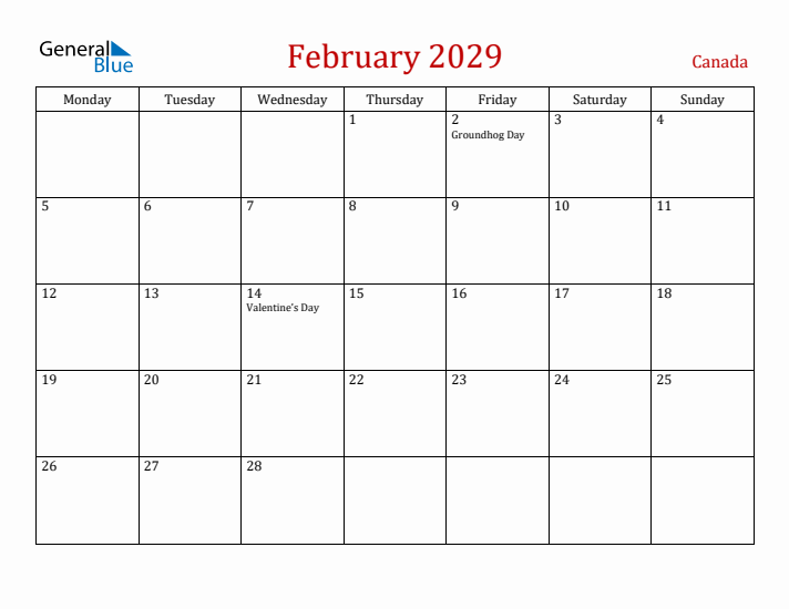 Canada February 2029 Calendar - Monday Start