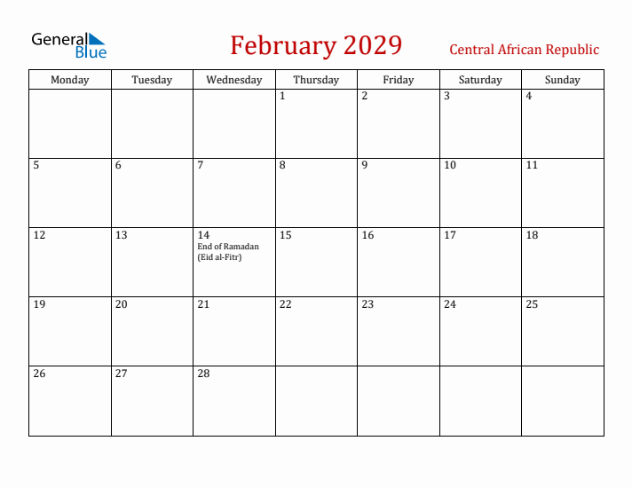 Central African Republic February 2029 Calendar - Monday Start