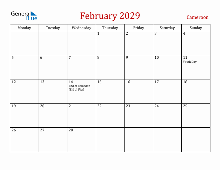 Cameroon February 2029 Calendar - Monday Start