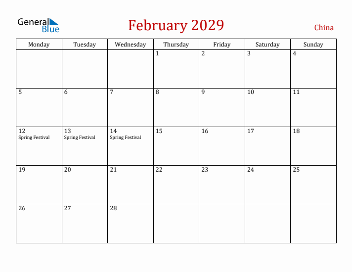 China February 2029 Calendar - Monday Start