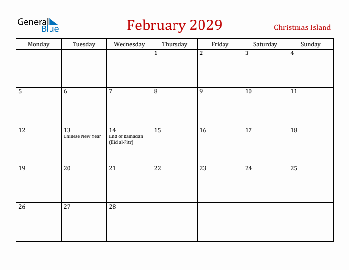 Christmas Island February 2029 Calendar - Monday Start