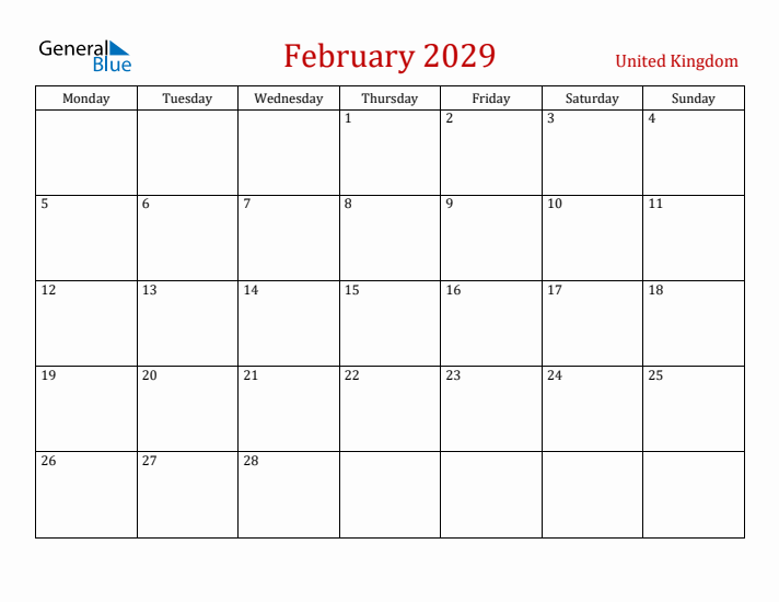 United Kingdom February 2029 Calendar - Monday Start