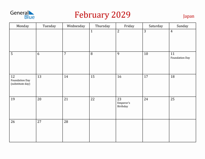Japan February 2029 Calendar - Monday Start