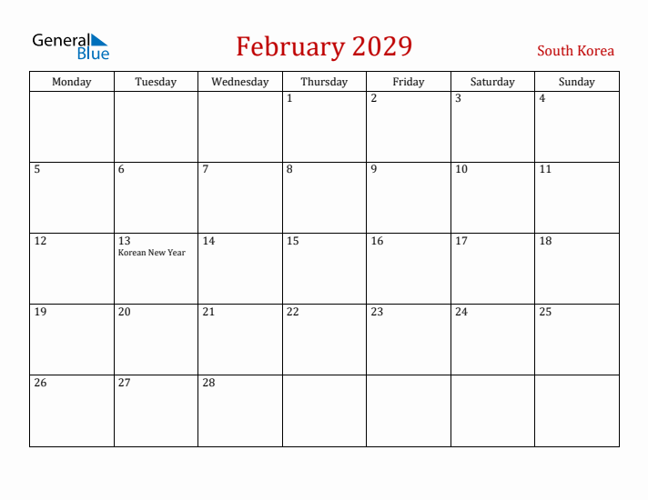 South Korea February 2029 Calendar - Monday Start