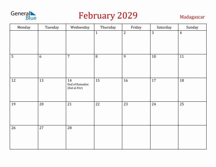 Madagascar February 2029 Calendar - Monday Start