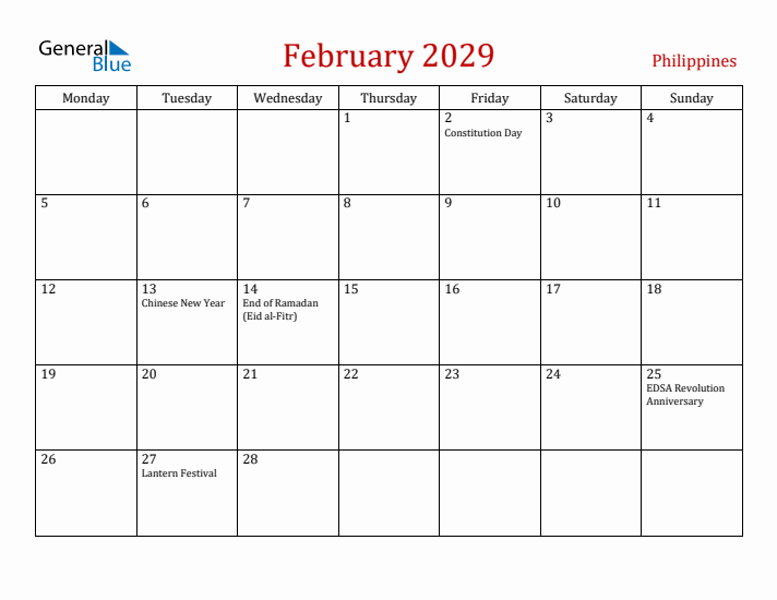 Philippines February 2029 Calendar - Monday Start