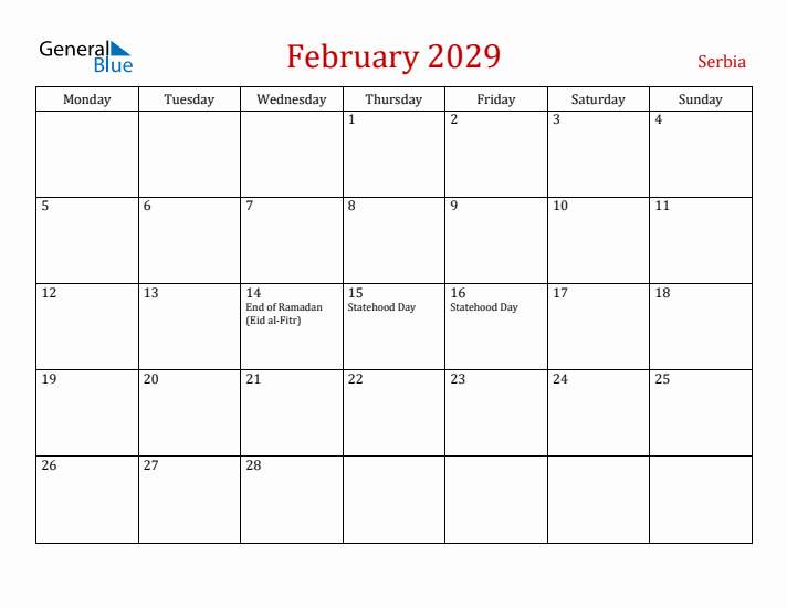 Serbia February 2029 Calendar - Monday Start