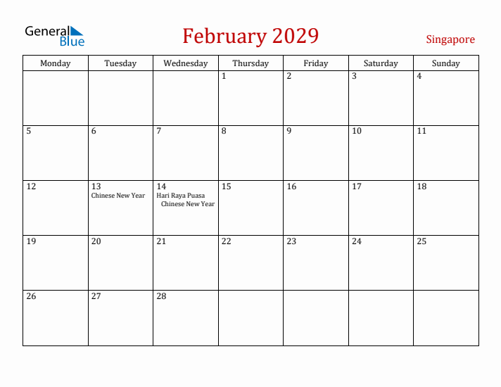 Singapore February 2029 Calendar - Monday Start