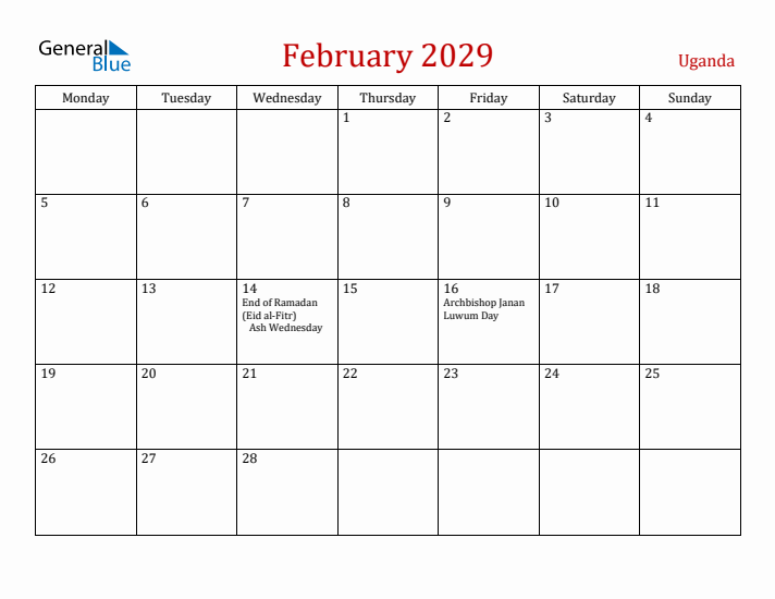 Uganda February 2029 Calendar - Monday Start