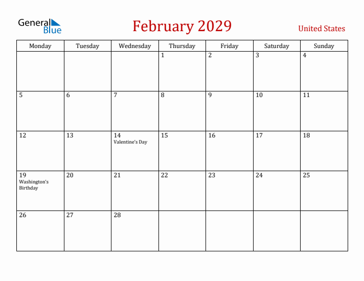 United States February 2029 Calendar - Monday Start