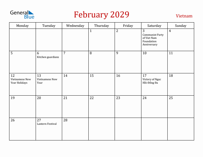 Vietnam February 2029 Calendar - Monday Start