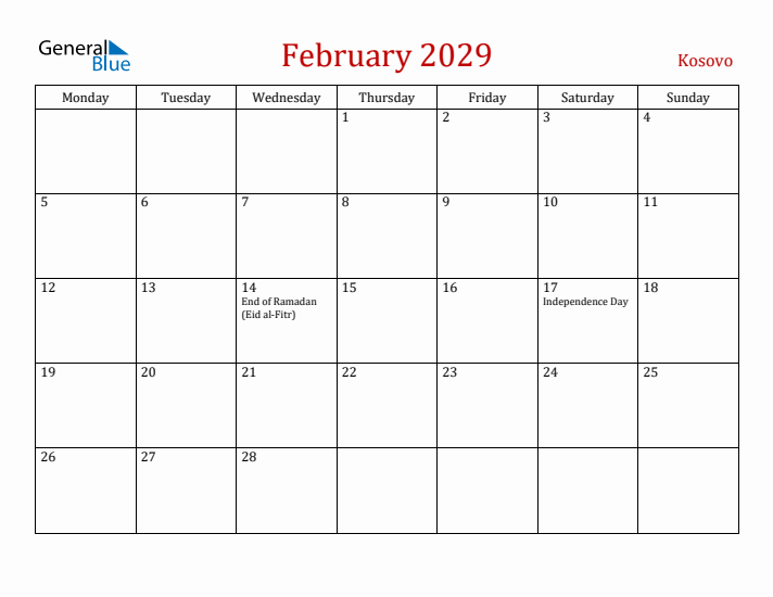 Kosovo February 2029 Calendar - Monday Start